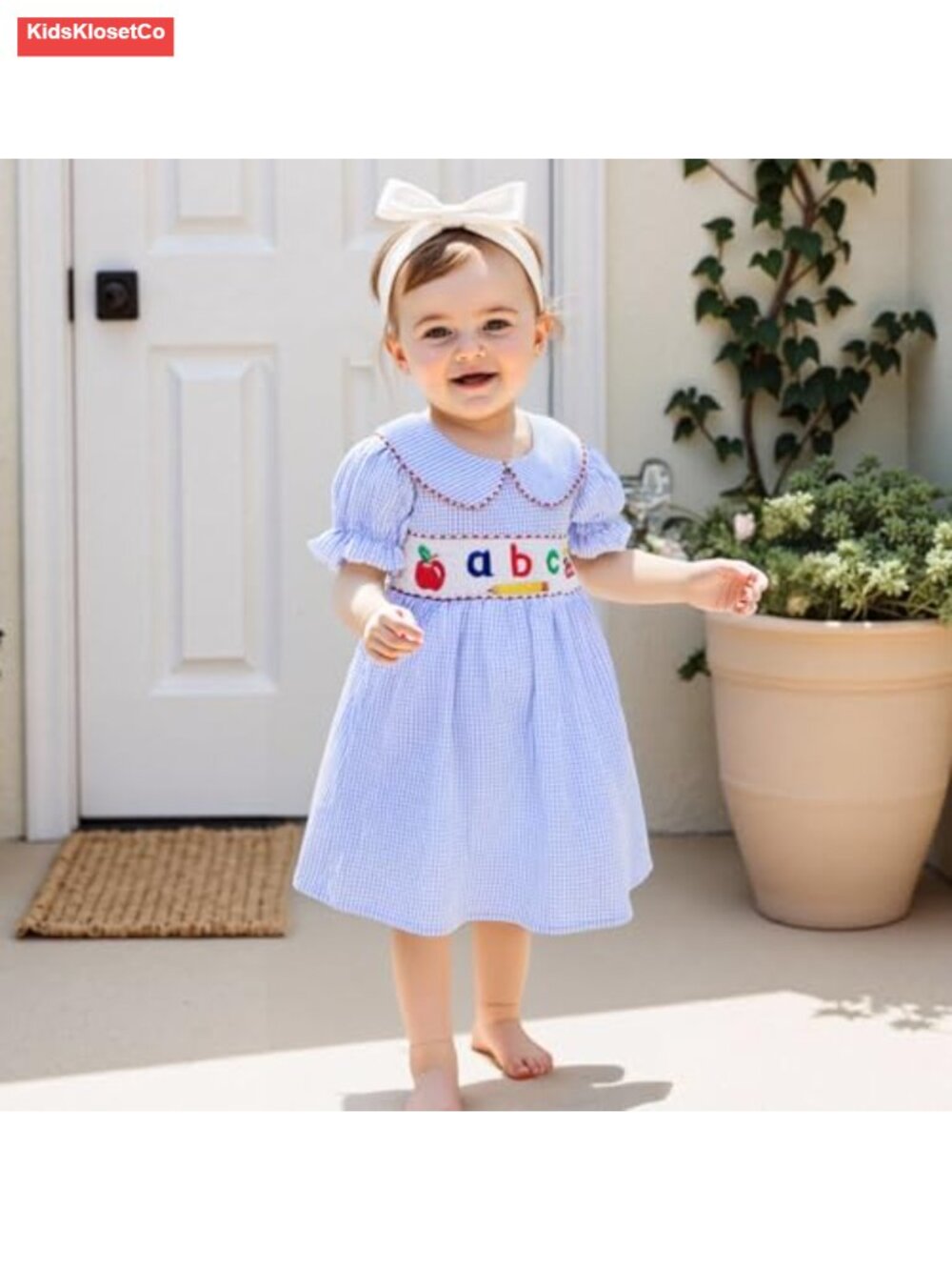 Toddler Girl Back to School Dress Plaid Embroidery Puff Sleeve Smocked - Picture 3 of 6